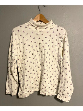 Vintage Russ Top Womens Medium Cream Floral Mock Neck Cottagecore Butter Mom 90s